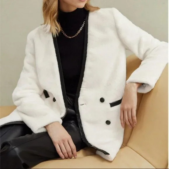 luxury faux leather detailed fuzzy jacket elegant - Picture 2 of 9